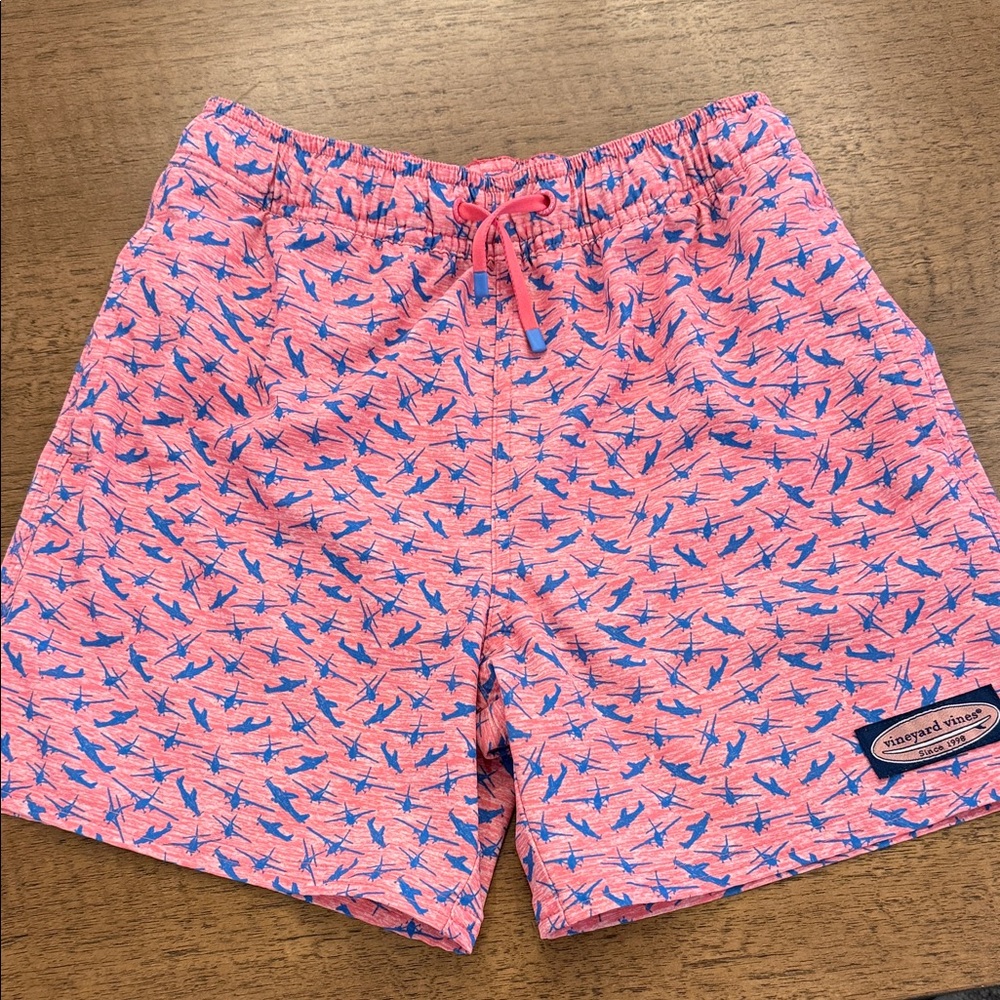Vineyard Vines Pink Swim Trunks with Blue Airplane Print